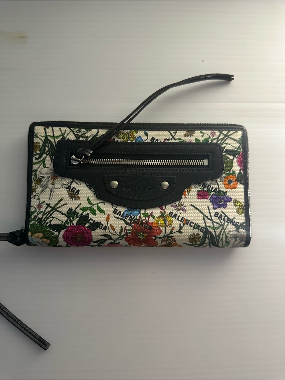 Balenciaga x Gucci Floral Canvas Zip Wallet with Black Leather Trim